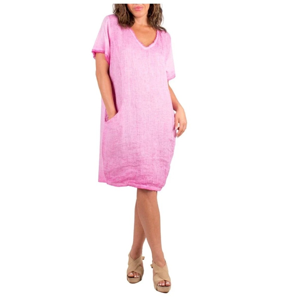 GIGI MODA Perla Linen Tunic Dress Pink Linen Raw Hem Women's One Size Excellent